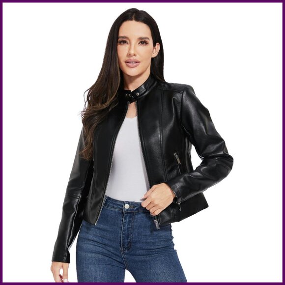 Cropped Faux Leather Motorcycle Jacket Women's S-XXL Soft Stretchy